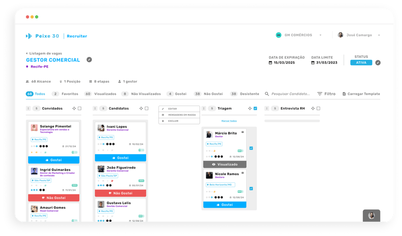 Interface do Peixe 30 Recruiter mostrando o pipeline de candidatos para a vaga de Gestor Comercial